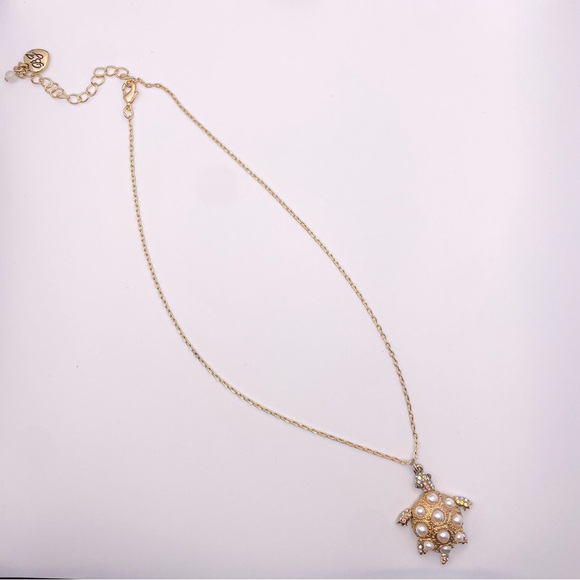 Betsey Johnson Signed Sea Turtle Pendant Necklace w/ Faux Pearls and Rhinestones - Picture 2 of 14